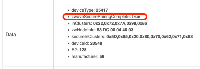 "zwaveSecurePairingComplete: true" on device detail page
