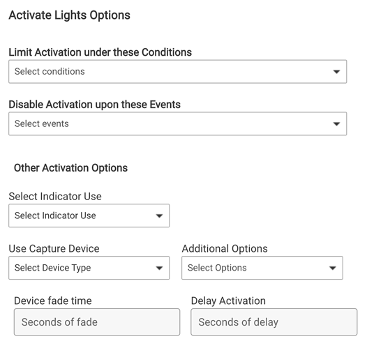 Screenshot of "Activate Lights Options" page