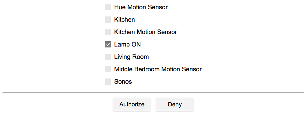 Screenshot: list of devices to authorize