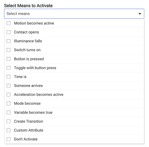 Screenshot of "Means to Activate" dropdown