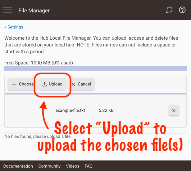 Screenshot of File Manager "Upload" button after file selected
