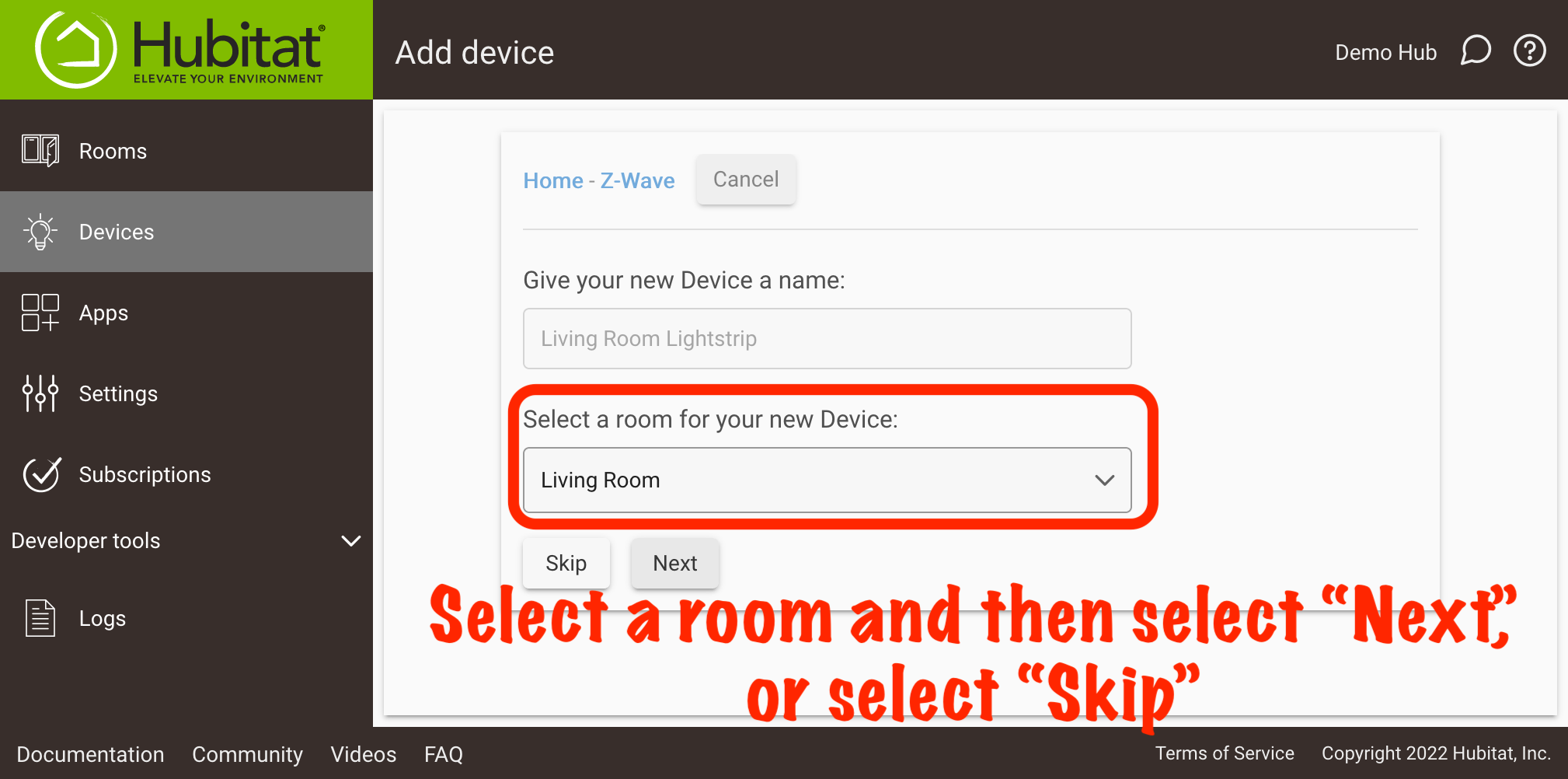 Screenshot: "Select a room" prompt on "Add Device" after adding device