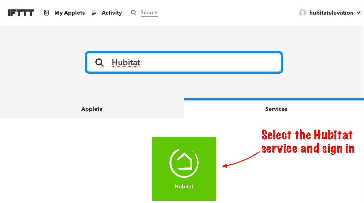 Screenshot: Hubitat IFTTT service selected