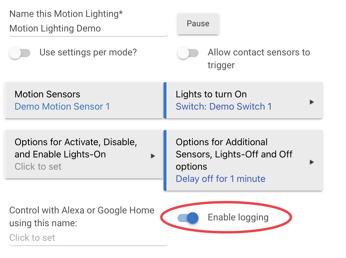 "Enable debug logging" option in Motion Lighting app