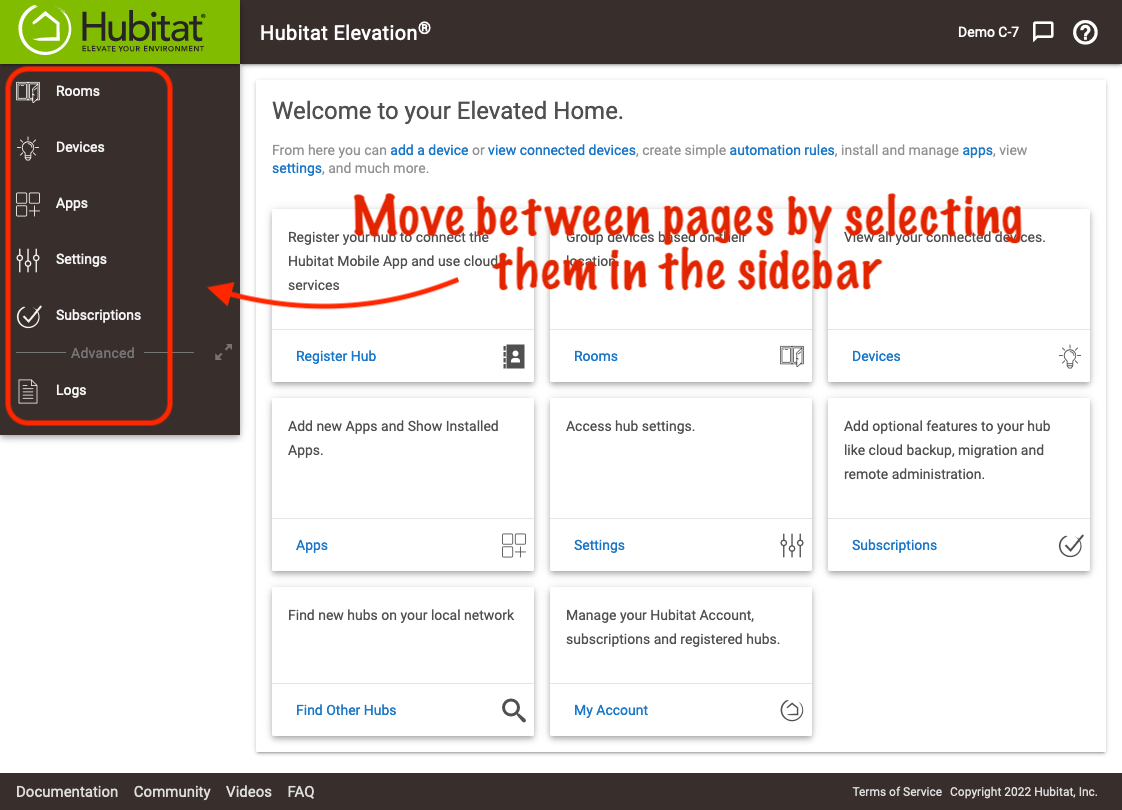 Move between pages of your hub by selecting them in the sidebar