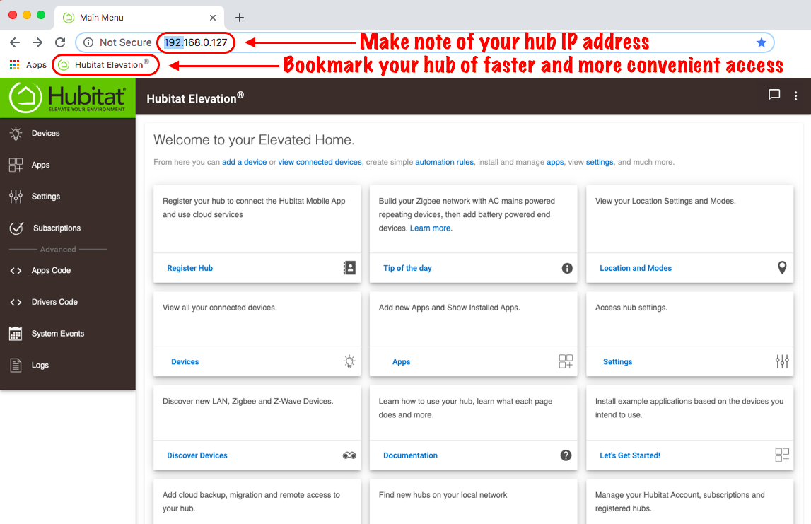 Note your hub IP address and add a bookmark to your browser for convenience
