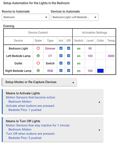 Screenshot of automatic settings results in Room Lighting