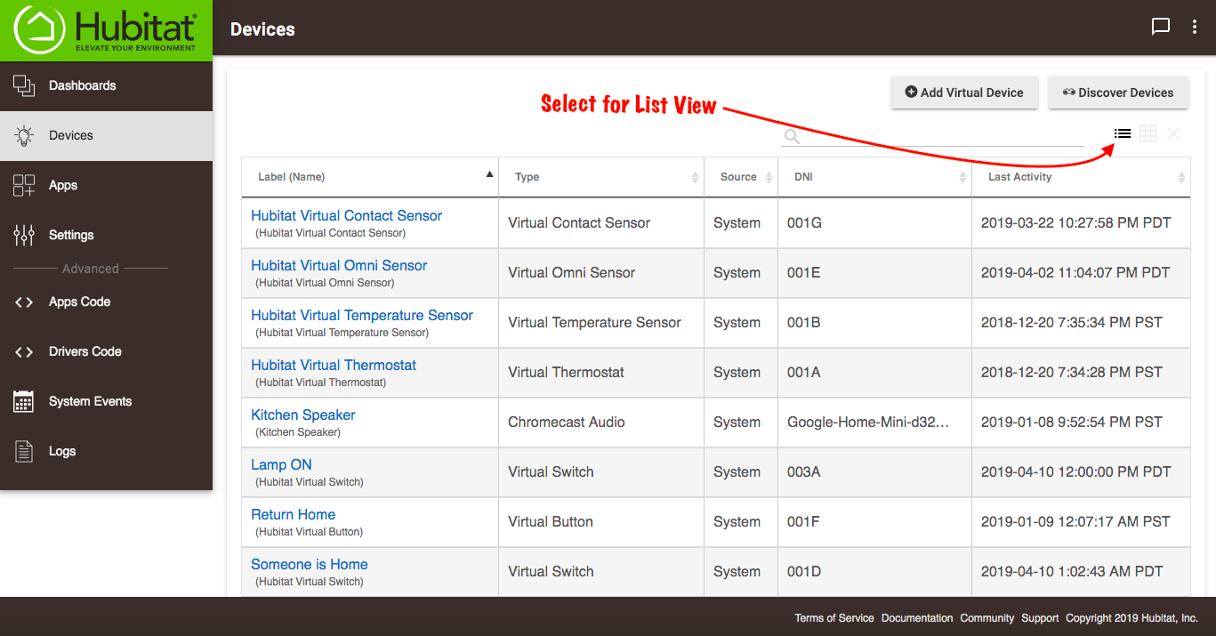 Select the hamburger menu below the discover devices button to sort your devices in a list view