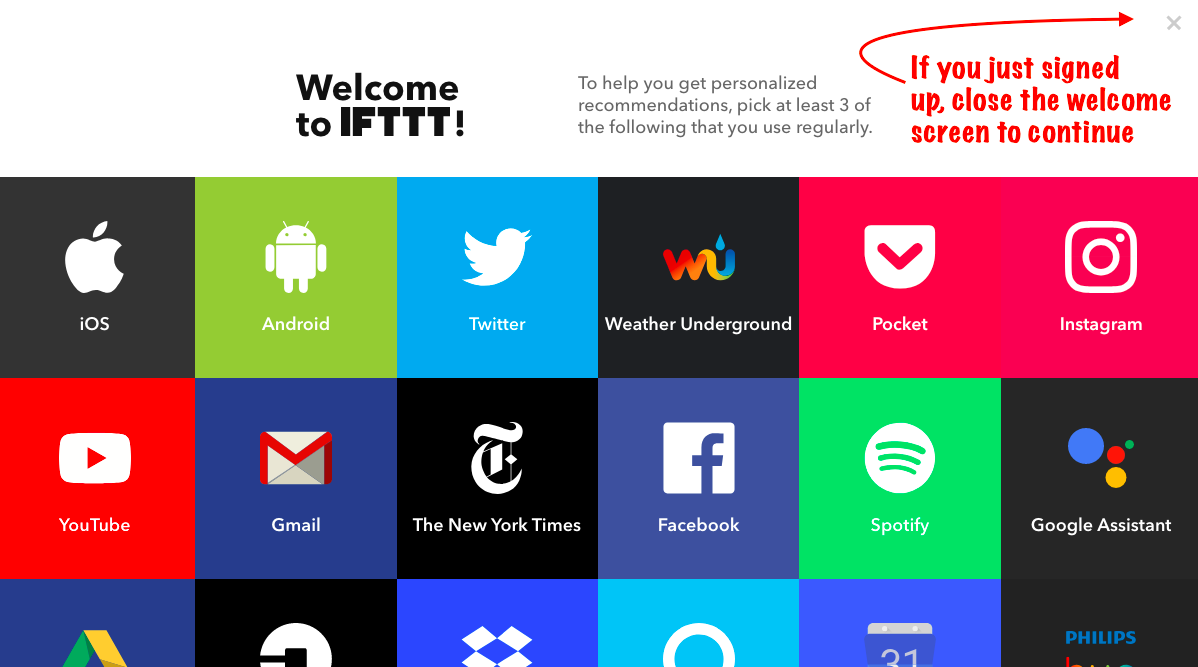 Screenshot of IFTTT welcome page