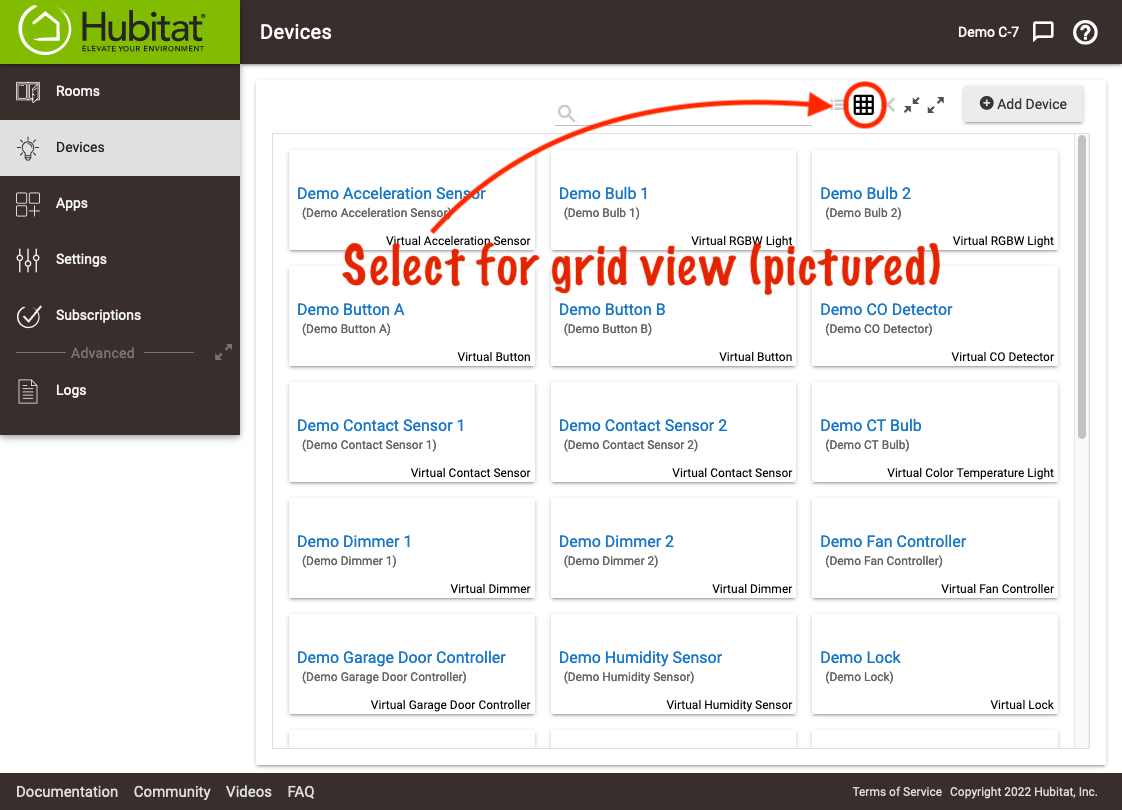 Select the bento box below the discover devices button to show your devices in a grid view
