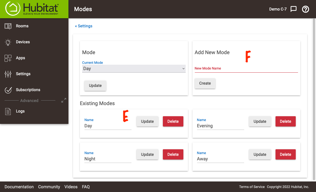 The "Modes" tab of the "Location and Modes" settings page allows you to [E], manually set the current mode, update or remove existing modes, or [F], add new modes