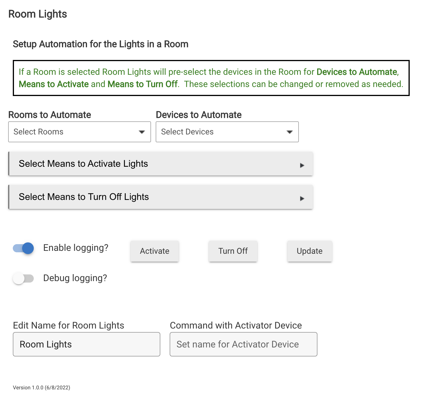 Screenshot: Room Lights initial page