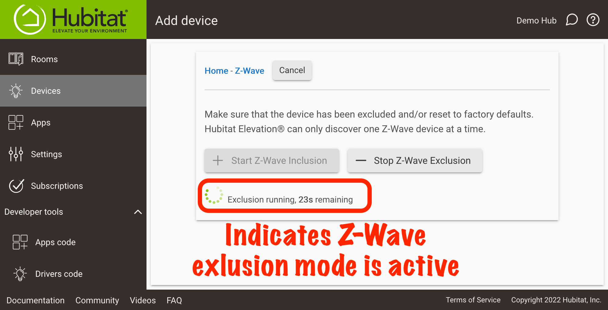 Screenshot: Z-Wave exclusion running...