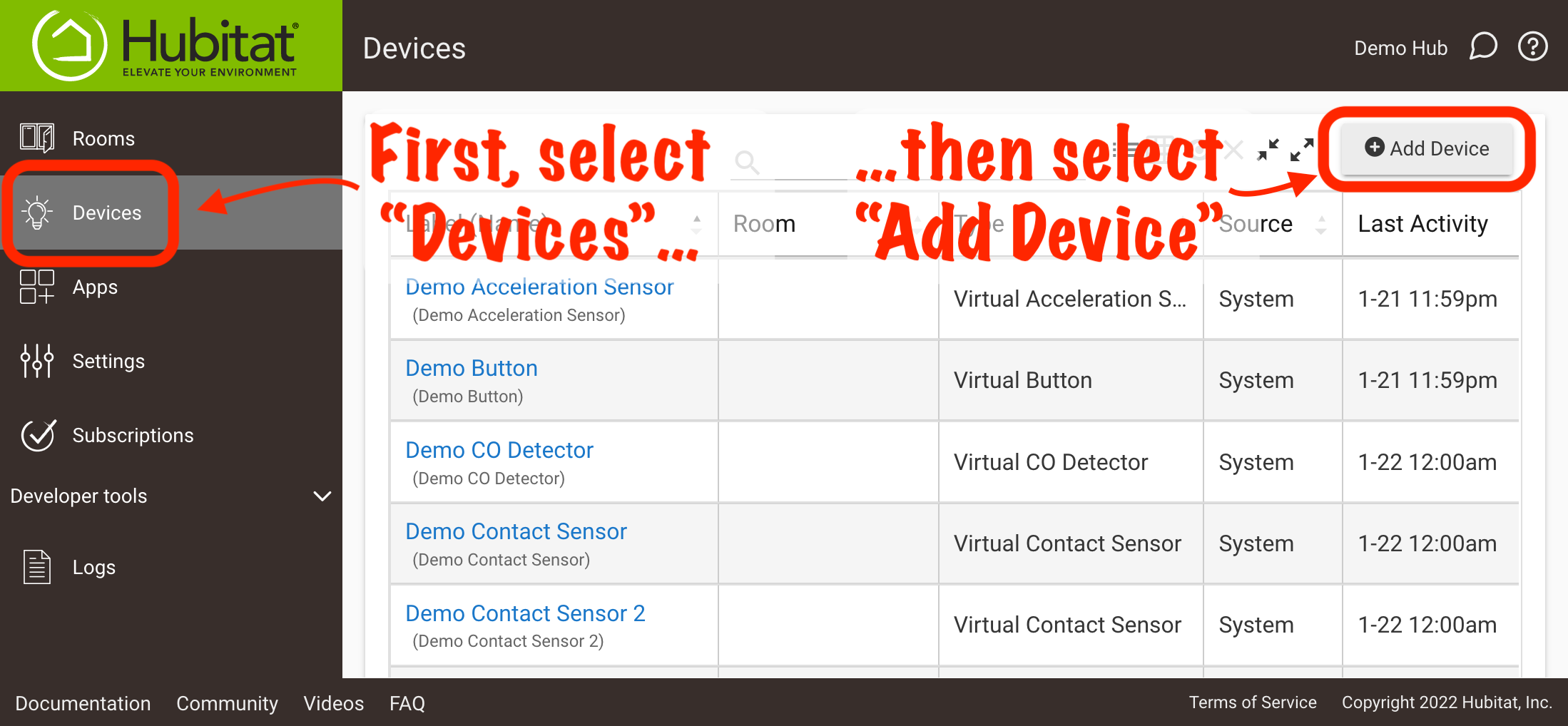 Navigate to "Devices," then select "Add Device" (screenshot of these steps)