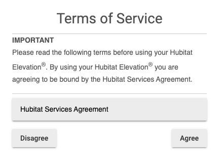 Please reed the Terms of service and press the Agree button to proceed with the update of your hub platform version.