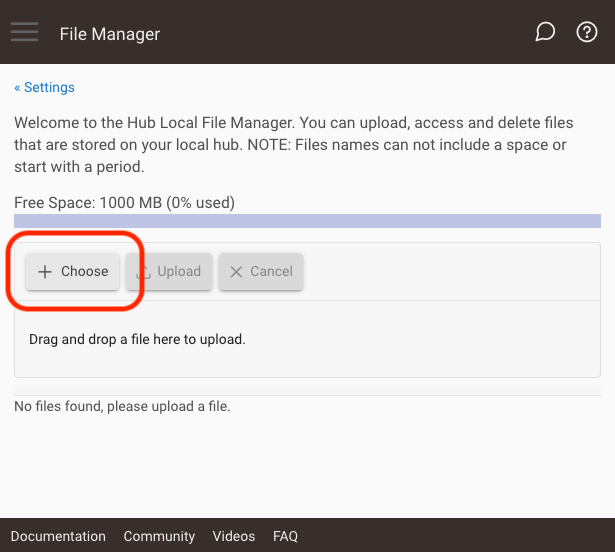 Screenshot of "Upload" button in File Manager