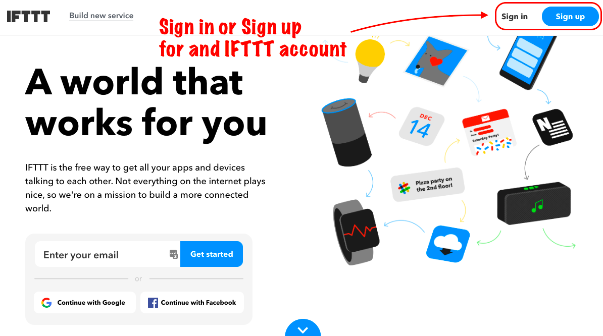 Sccreenshot of IFTTT sign in or or sign up page