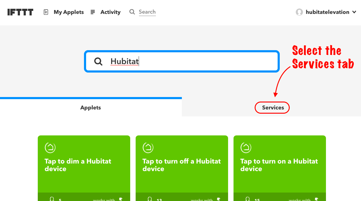 Screenshot: Select Hubitat IFTTT Service search result