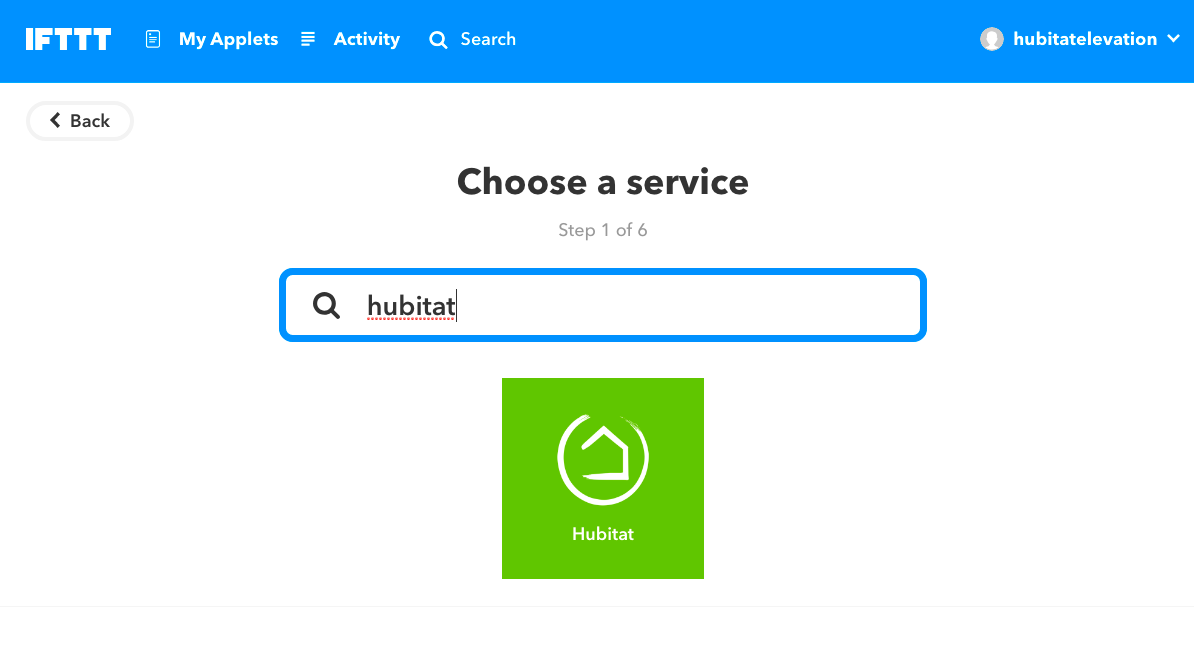 Screenshot of "choose a service" page in IFTTT with "Hubitat" selected