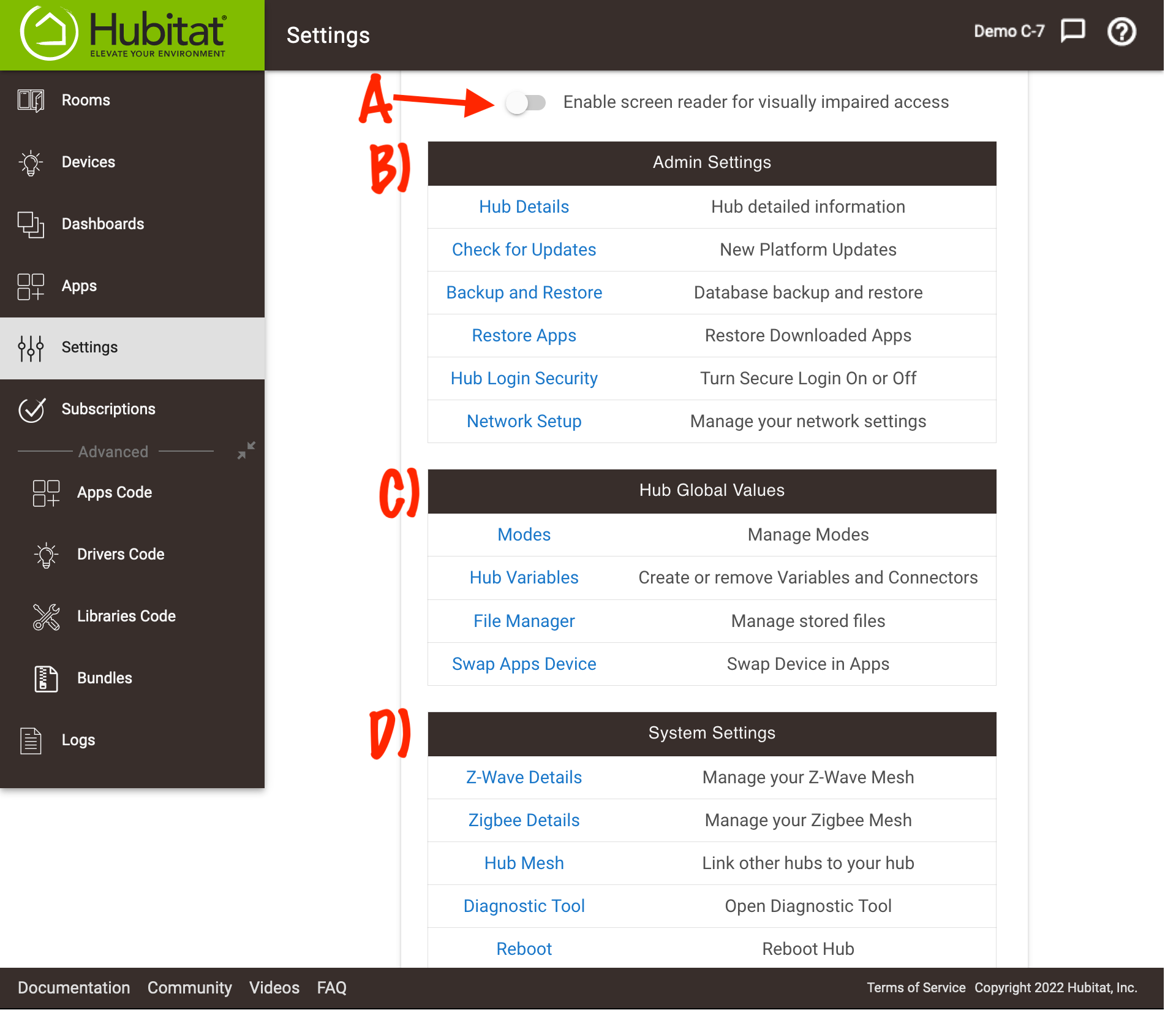 The settings page of your hub has links to various settings, described below.