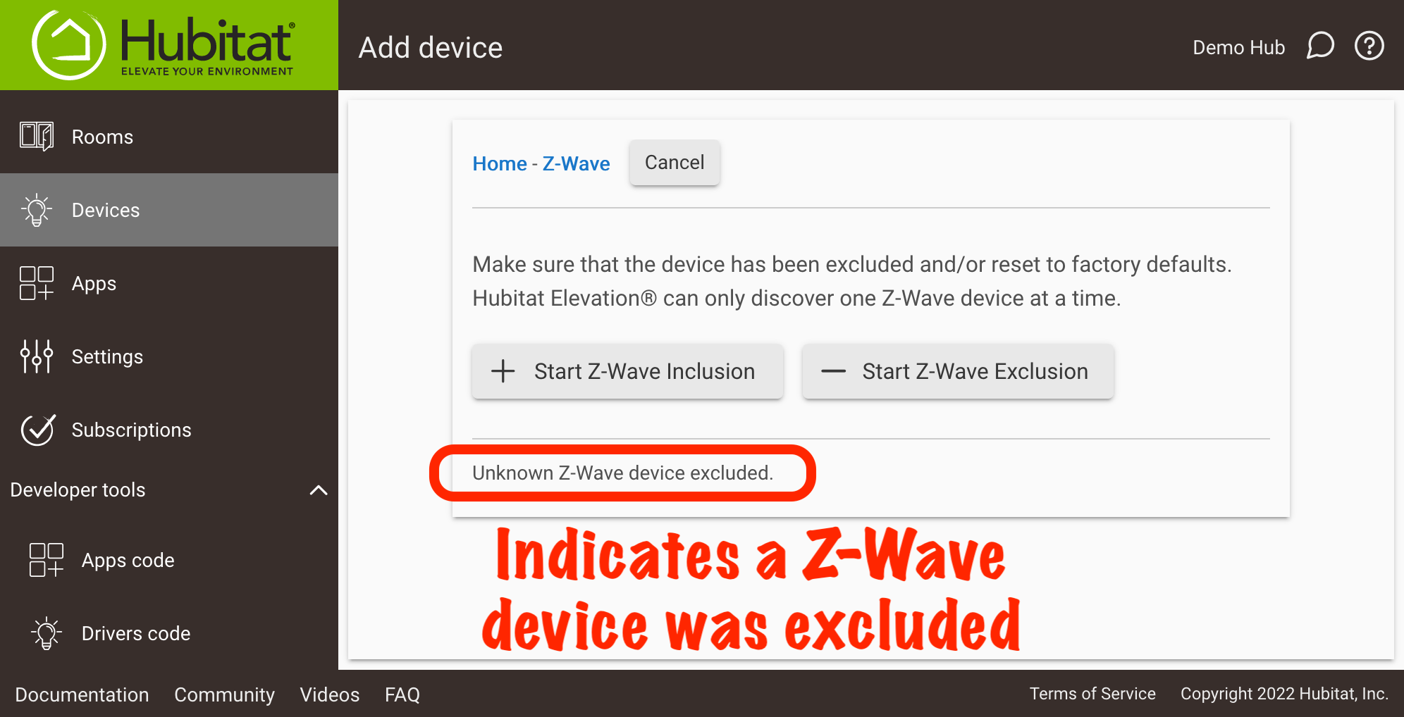 "Unknown Z-Wave device excluded" message in UI - screenshot