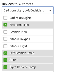 Screenshot of "Devices to Automate" drop-down in Room Lights