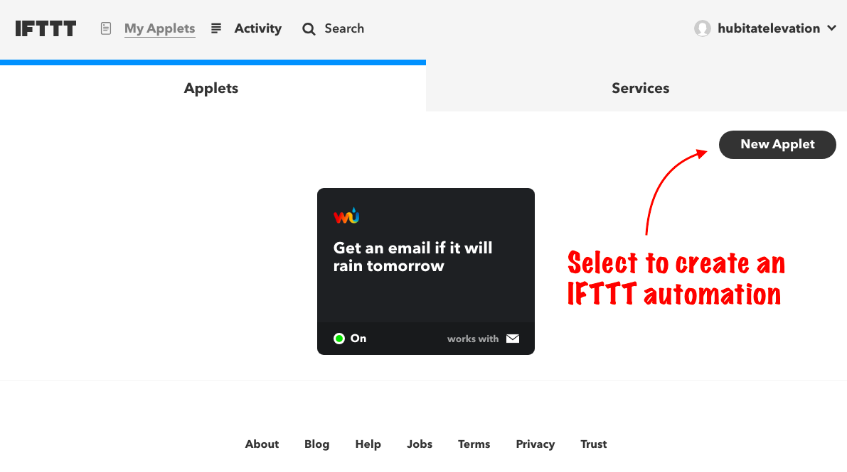 Screenshot of "New Applet" button in IFTTT