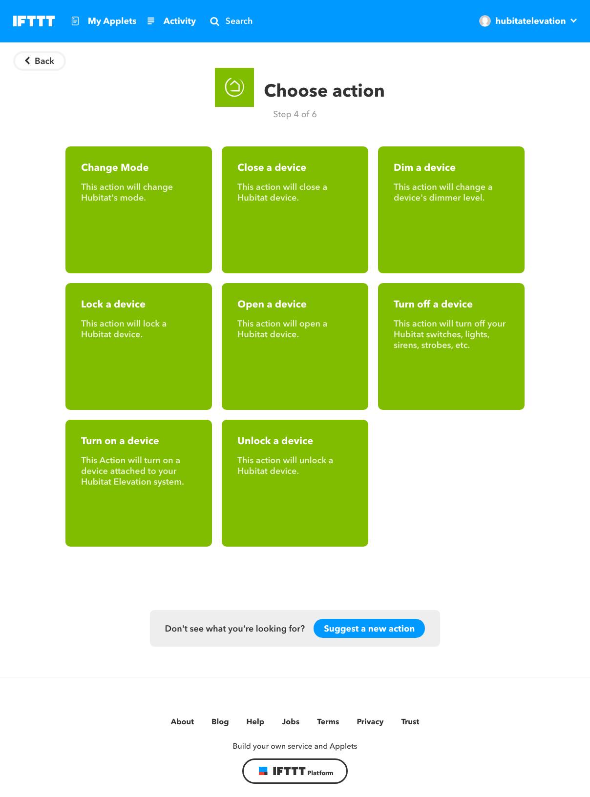 Screenshot of "Choose action" page in IFTTT