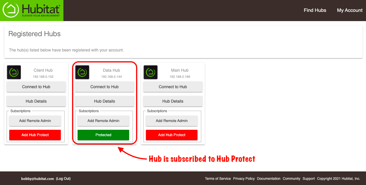 On the registered Hubs page, the button will now read Subscribed