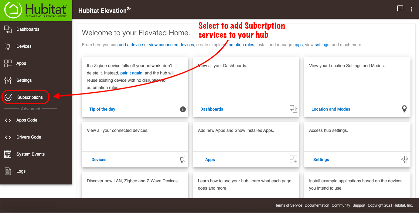 From your hub user interface, select Subscriptions in the sidebar.